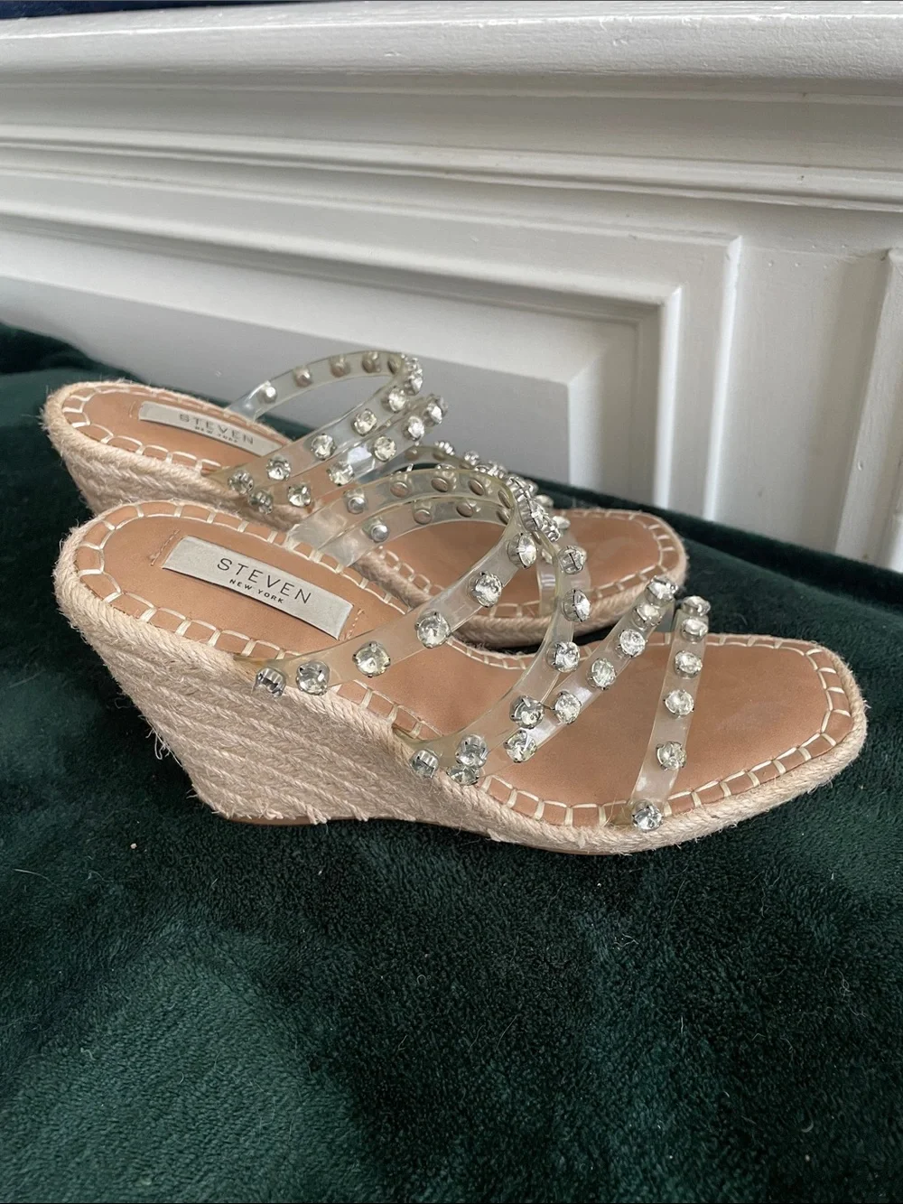 STEVEN by Steve Madden Clear Crystal-Strap Espadrille Wedge Sandals in Natural
